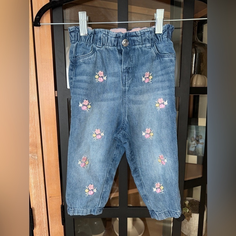 H&M kids embroidered jeans toddler baby girl flowers floral adjustable stretchy
